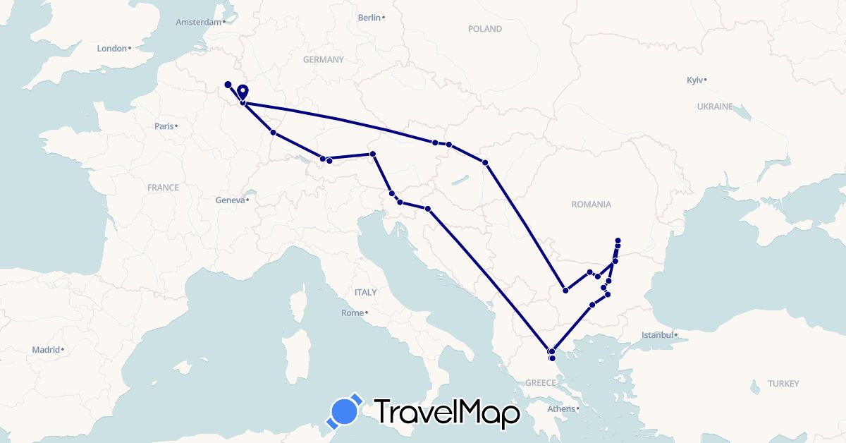 TravelMap itinerary: driving in Austria, Belgium, Bulgaria, Germany, France, Greece, Croatia, Hungary, Luxembourg, Romania, Slovenia, Slovakia (Europe)